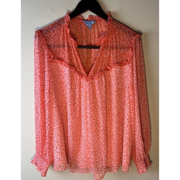 Draper James Top Floral 2X Ruffle Cottage Core Peasant Orange Sheer Long Sleeve - Picture 1 of 10